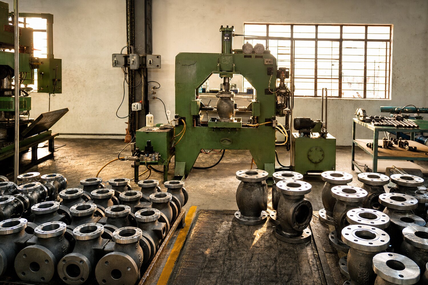 Soudarshini Valve shop floor with machinery and cast valve bodies