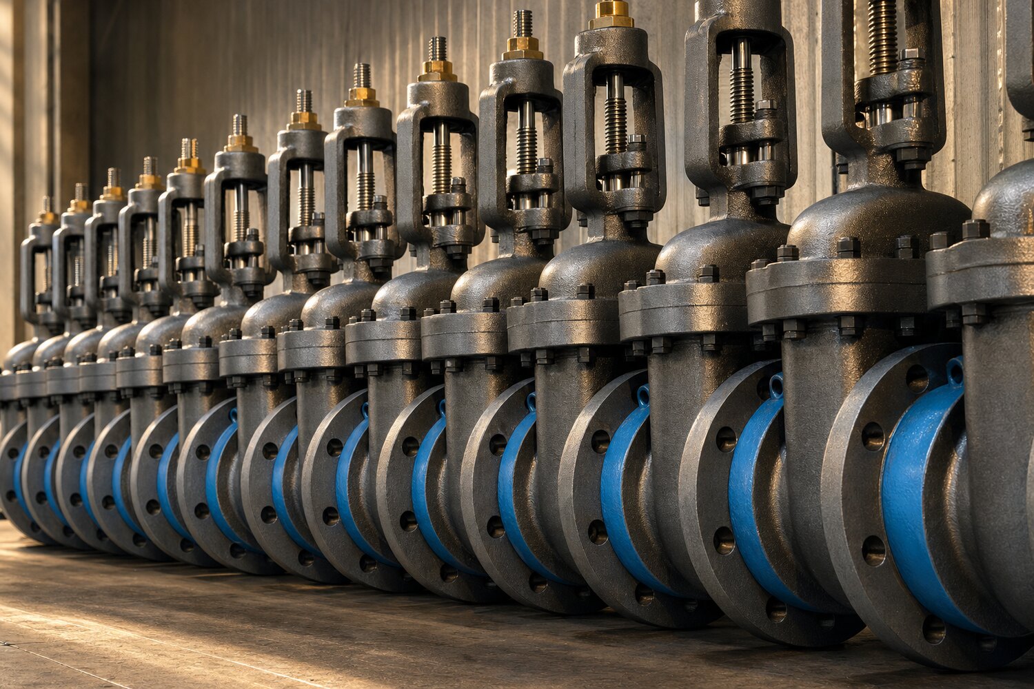 A row of finished cast steel gate valves with blue flange faces