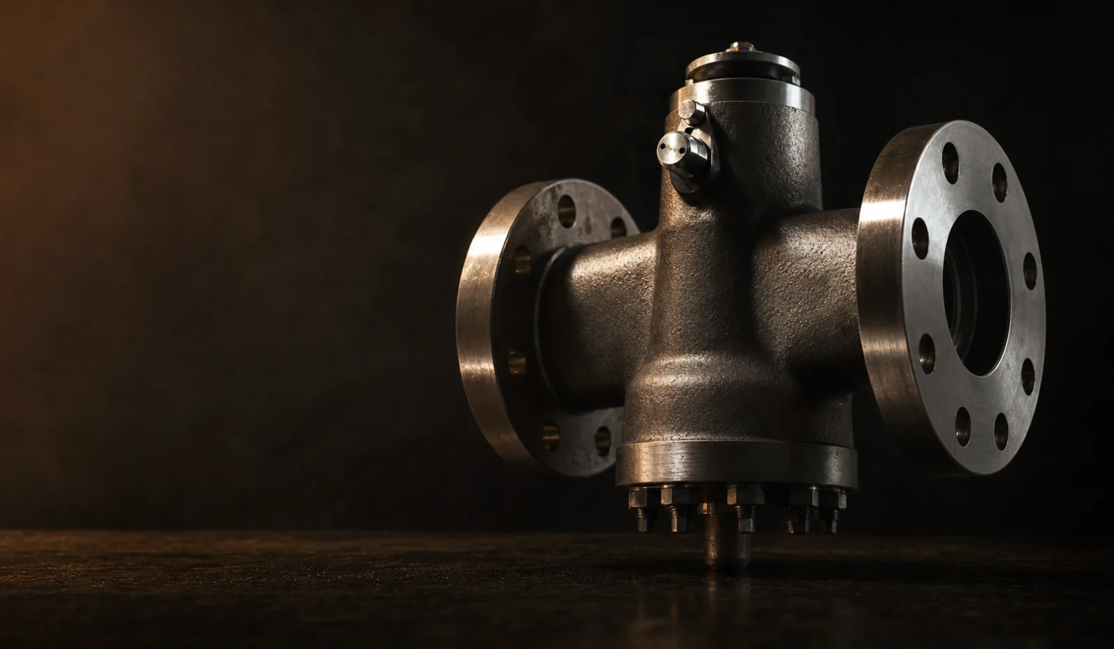 A machined cast steel valve body lit against a dark studio background