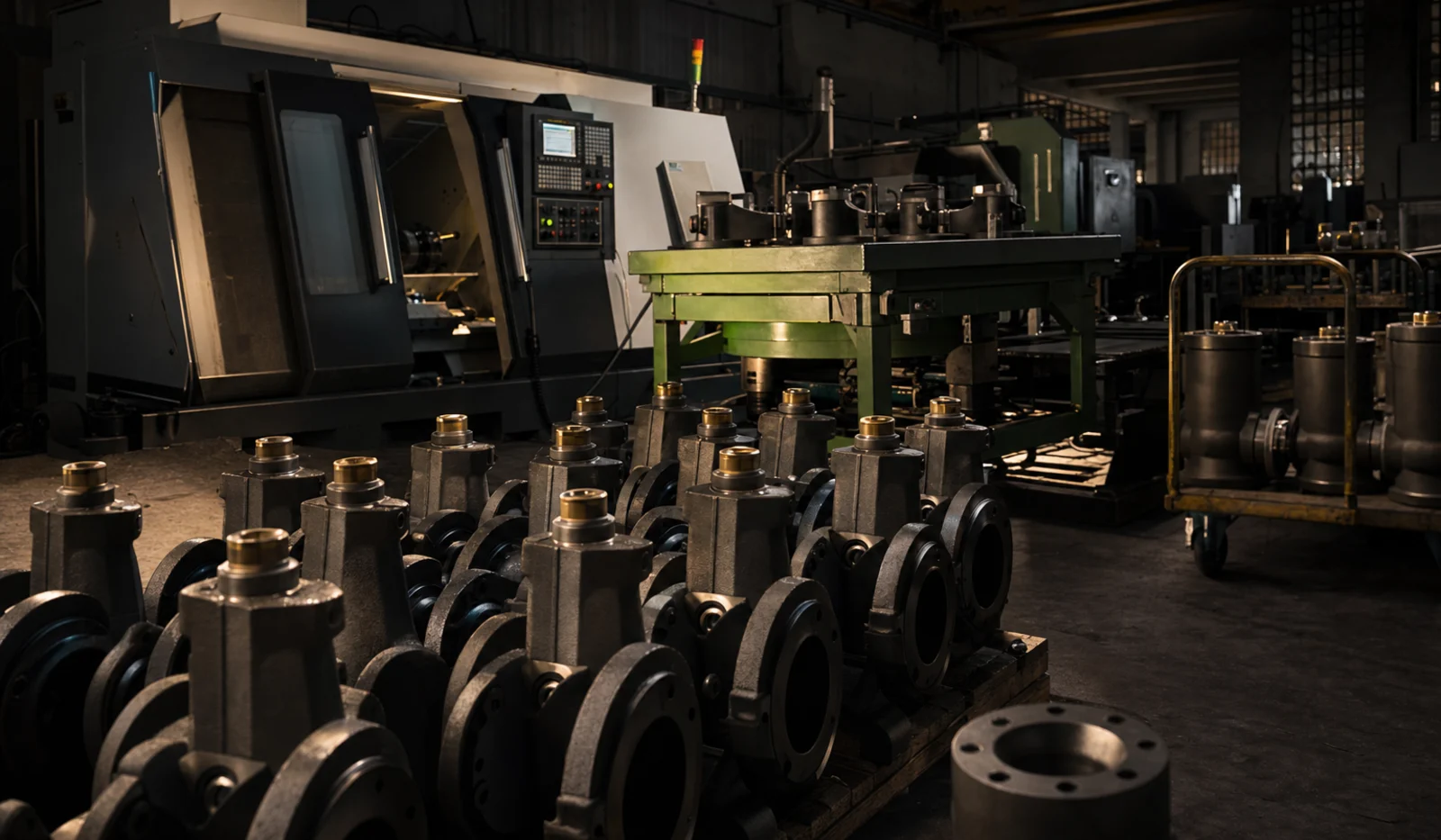 Valve manufacturing shop floor with machining equipment and cast valve bodies
