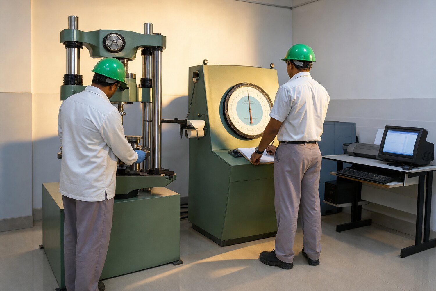 Technicians operating a universal testing machine in the in-house quality lab